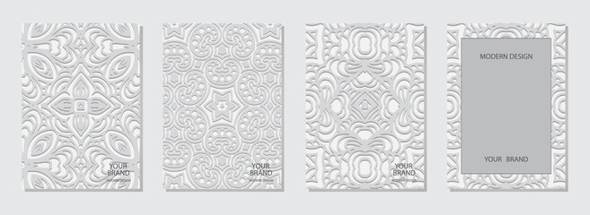 Abstract set of cover design, vertical templates. Geometric volumetric convex ethnic 3D pattern, collection of embossed white backgrounds, space for text. Oriental, Indian, Mexican, Aztec motives.