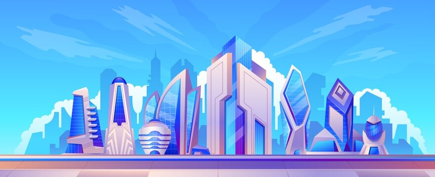 Cartoon futuristic smart city landscape with glass skyscrapers. Modern urban cityscape architecture. Future metropolis building vector scene