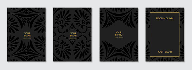 Set of cover design, vertical templates.Geometric volumetric convex ethnic 3D pattern, collection of original embossed black backgrounds, space for text. Indian, Mexican, Peruvian, Aztec motives.