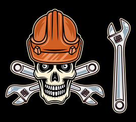 Skull of worker in hard hat with adjustable wrench vector objects or design elements in colorful style isolated on dark background
