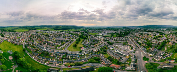 Aerial of Stirling suburb area near Robert Bruce Monument, Scotland