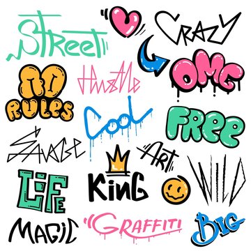 Graffiti words and elements, street art with spray paint drips. Abstract urban wall scribbles savage, wild, king, free and cool vector set