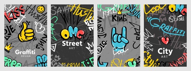 Abstract street art posters with graffiti style slogans. Urban wall spray paint drawings and splashes. Cool cover anarchy designs vector set