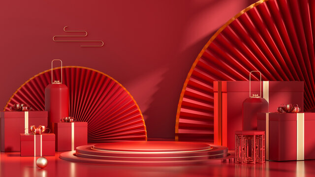 3D rendering creative picture of Chinese style product exhibition platform