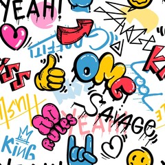 Abstract seamless pattern with street wall graffiti art. Teenager urban print with spray paint doodles and words. Cool hip hop vector design