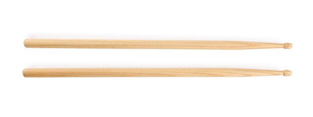Two wooden drumsticks on white background, top view