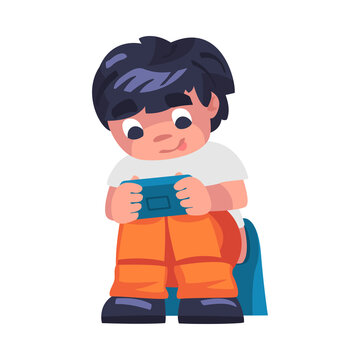 Boy Addicted to Gadget Sitting on Pottie and Playing Video Game with Console Vector Illustration