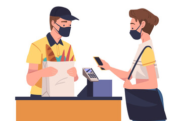 Woman Character Using Contactless Payment with Smartphone for Coronavirus Prevention Vector Illustration