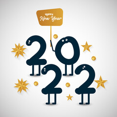 funny happy new year 2022 greetings with gold stars element. Brochure design template, card, banner. Vector illustration. Isolated on white background.
