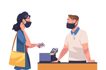Woman Character Using Contactless Payment with Smartphone for Coronavirus Prevention Vector Illustration