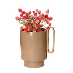 Stylish ceramic vase with wild flowers bouquet on white background