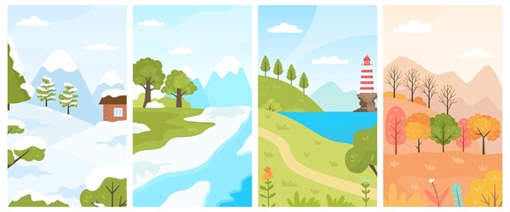 Flat four seasons landscapes, spring, summer, autumn and winter. Cartoon seasonal nature. Forest scenes with trees for calendar vector set