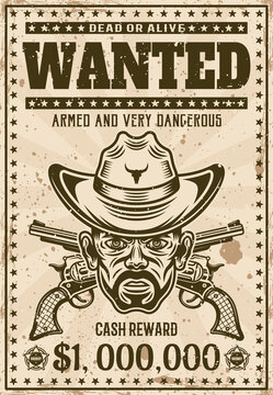 Wanted vintage western poster template, cowboy head with bristle in hat and crossed guns vector illustration for thematic party or event. Layered, separate grunge texture and text