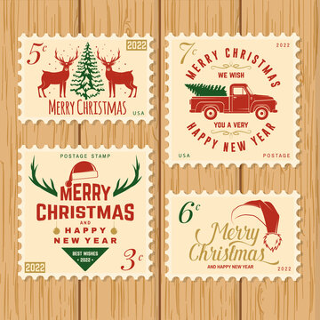 Merry Christmas and Happy New Year 2022 retro postage stamp with Santa Claus, Christmas tree, gifts, pickup and reindeer. Vector illustration.