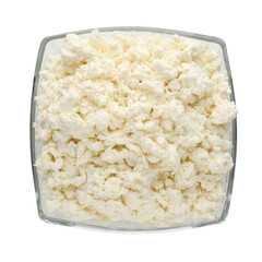 Delicious fresh cottage cheese in bowl isolated on white, top view