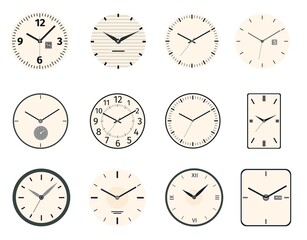 Classic and vintage clock and watch faces circle and rectangle designs. Analog clocks dial with roman numbers, hands and needle vector set