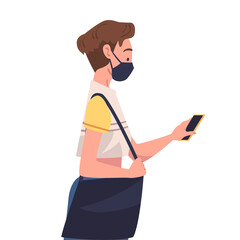 Woman Character in Mask Using Contactless Payment with Smartphone for Coronavirus Prevention Vector Illustration