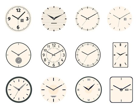 Classic and vintage clock and watch faces circle and rectangle designs. Analog clocks dial with roman numbers, hands and needle vector set