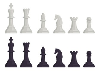 Cartoon black and white chess pieces icons. Flat chessmen, queen and king, horse, rook, bishop and pawn. Strategy game figures vector set