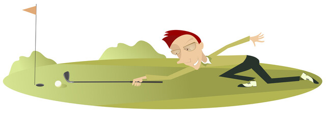 Obraz premium Smiling golfer on the golf course illustration. Cartoon smiling golfer aiming to do a good kick illustration 