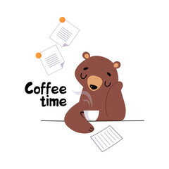 Tired and Sleepy Bear Staff or Office Employee Drinking Coffee at Lunch Time Vector Illustration