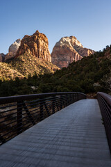 Footbridge Over The Virgin River With Mount Spry and The East Temple In The Background