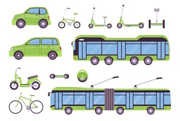 Flat eco transport electric bus, cars, scooter, bicycles and board. Urban smart ecological vehicles. Environment friendly ride vector set