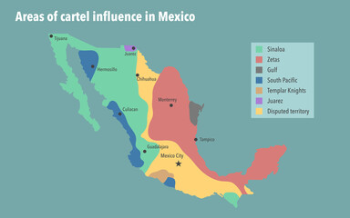Map with areas of cartel influence in Mexico - obrazy, fototapety, plakaty