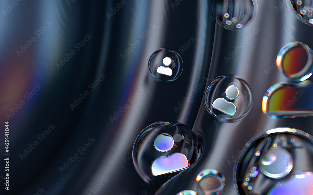 Poster user icon inside bubble glass geometric shapes on colorful abstract dark background 3d render