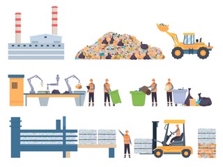 Flat garbage recycle factory building, dump and sorting conveyor. Plastic recycling industry workers. Ecology protection process vector set - obrazy, fototapety, plakaty