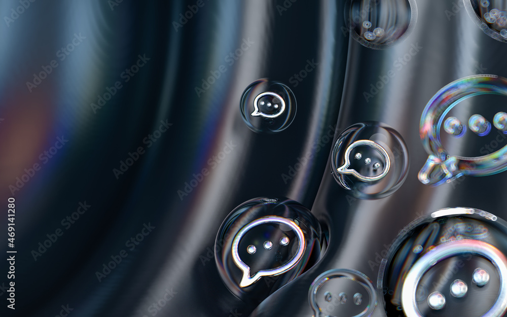 Poster message icon inside bubble glass geometric shapes on colorful abstract dark background 3d render