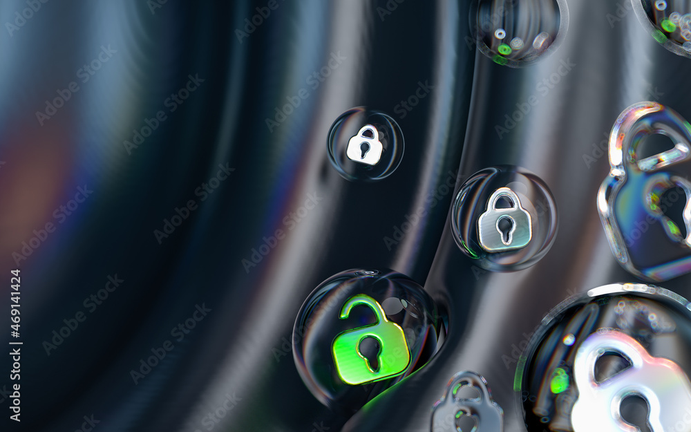 Poster unlock and lock icon inside bubble geometric shapes on colorful abstract dark background 3d render