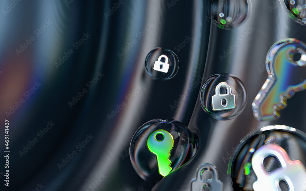 Poster key and lock icon inside bubble glass geometric shape on colorful abstract dark background 3d render