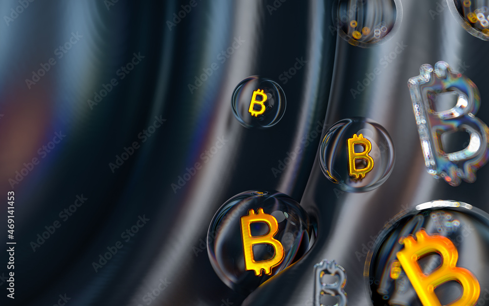 Poster cryptocurrency icon inside bubble geometric shapes on colorful abstract dark background 3d render