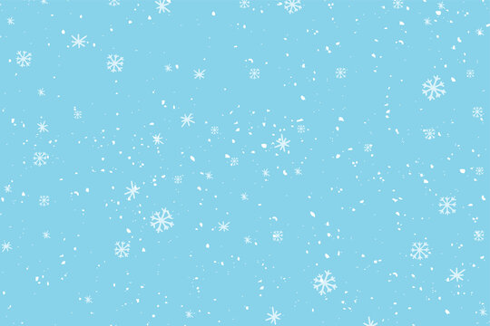 Winter Snowfall And Snowflakes On Light Blue Background. Hand Drawn Snow Pattern. Doodle Cold Winter Sky Background.