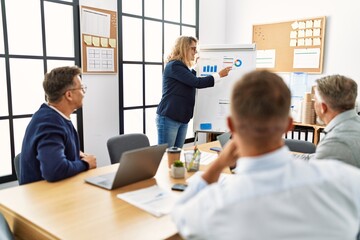 Group of middle age business workers listening boss conference during meeting at the office.