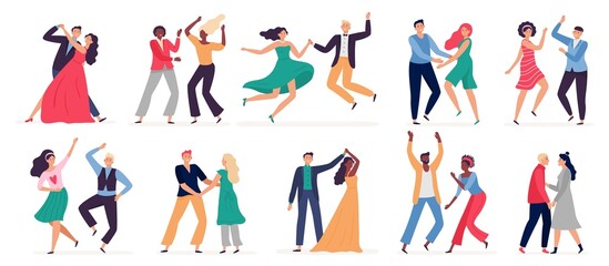 Cartoon couples dancing in club, tango, waltz and swing. Man and woman having training lessons vector