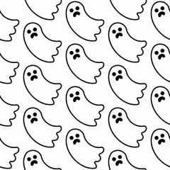 Seamless pattern of ghosts doodle black on a white background. For textiles, packaging, holiday decoration