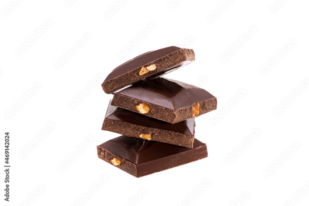 Poster pieces of chocolate with nuts isolated on white background