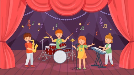 Cartoon kids music band on theatre stage with curtain. Boys playing drums and saxophone, girls singing