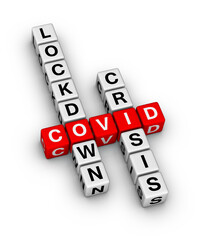 Coronavirus COVID-19 global econonic crisis. 3D crossword puzzle on white background.