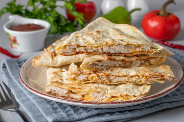 Mexican tortilla quesadilla with turkey, cheese and tomato salsa