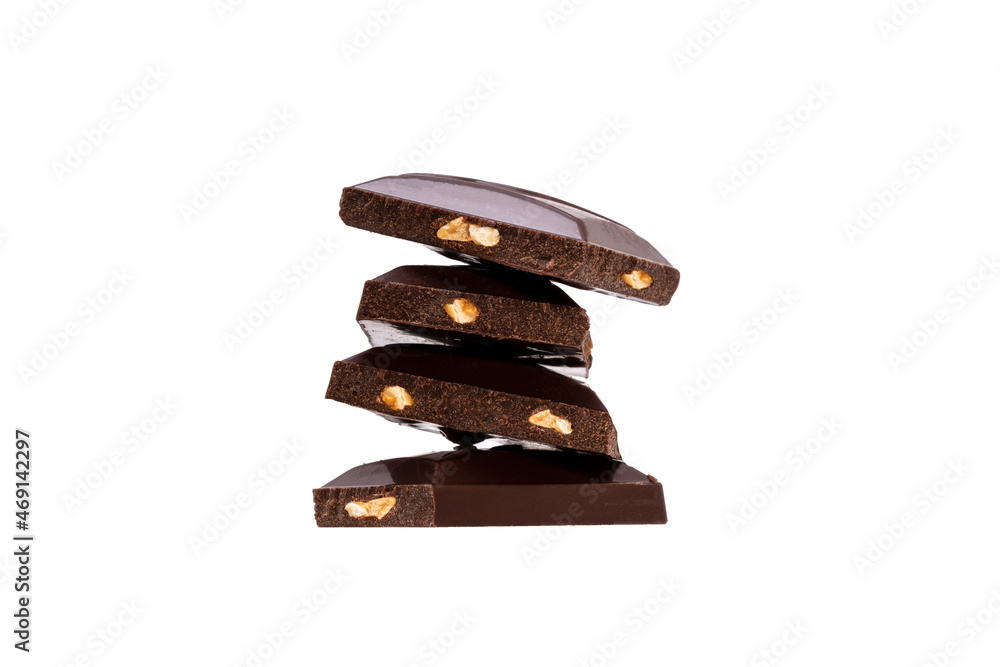 Poster four chocolate bars with nuts on top of each other isolated on white background