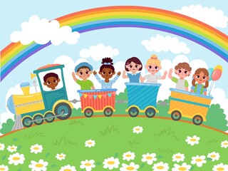 Obraz na płótnie Canvas Cartoon kindergarten happy kids ride on toy train. Happy children sitting in carriages under rainbow in sky vector