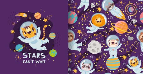 Cute cartoon animals in space, pajamas print and pattern design. Astronauts in space suits flying in universe