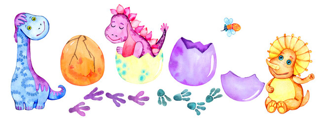 Obraz na płótnie Canvas Watercolor cute colorful baby dinosaurs set. Cartoon baby dino illustrations. Bright kids party, birthday invitation, card, greeting