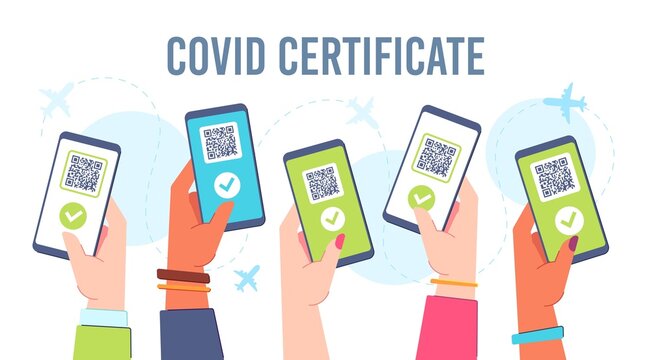 Hands with phone digital covid 19 certificate, vaccine green pass. Health vaccination online passport