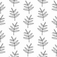 Seamless pattern branch of leaves line art black color doodle on a white background. For packaging, advertising, textiles