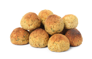 Pile of delicious falafel balls on white background