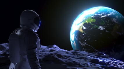 Abstract photo art with astronaut against background Earth, Space and other planets. 3d rendering.